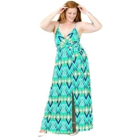 Mint Chevron Plus Size 3X Women's Sleeveless Maxi Floor Faux Wrap Dress NWT - Picture 3 of 4